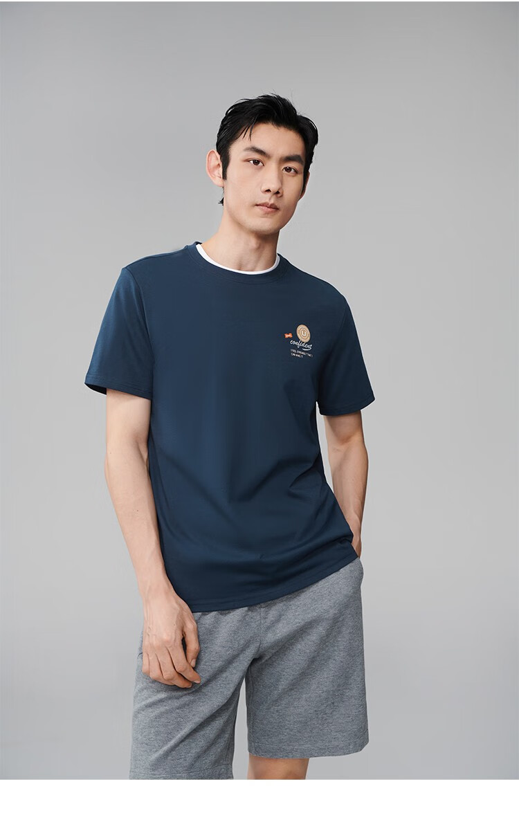 hla海澜之家短袖t恤男夏季短袖男冰爽纯棉地凉感纯色图案印花易打理