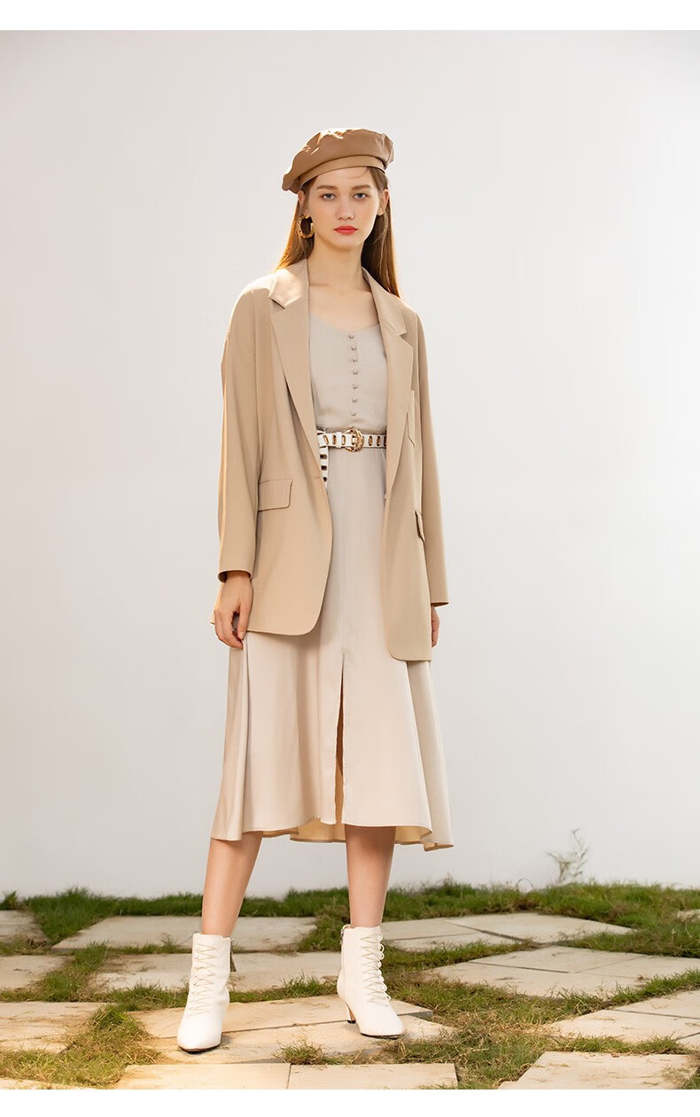 谷邦22秋季新款连衣裙女法式设计感气质v领长裙 奶茶色 xl/170【图片