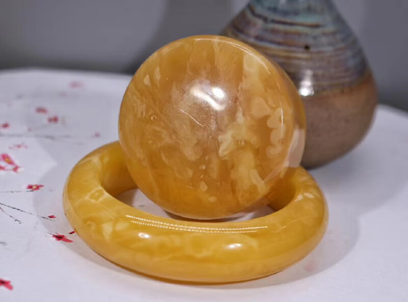慈心缘 天然蜜蜡俄料蜜糖色妖花手镯一套 花纹缭绕蜜蜡琥珀男女手镯
