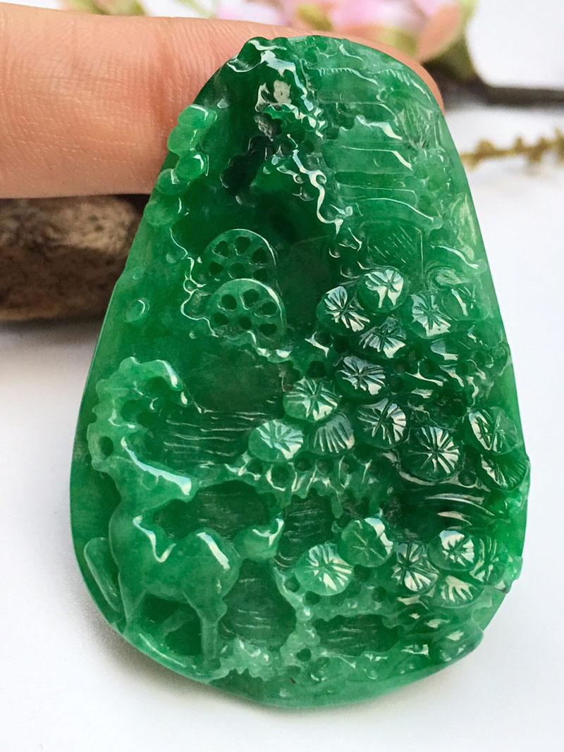 源头翡翠 翡翠满绿前程似锦吊坠缅甸天然翡翠玉石挂件珠宝首饰项链