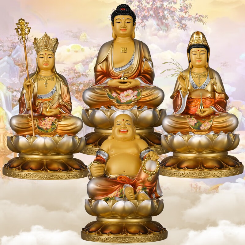 七宝莲台湾纯铜彩绘观音佛像家用观世音菩萨摆件居家佛堂供娑婆三圣48