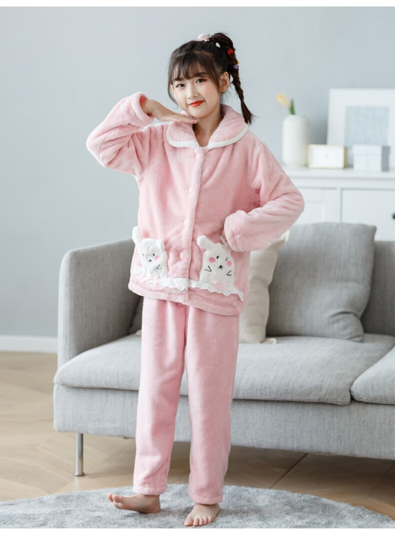噜噜牛女童睡衣儿童珊瑚绒睡衣宝宝小孩子冬款保暖家居服套装紫色a60