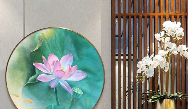 中式客厅餐厅玄关装饰画圆形莲花鲤鱼背景墙壁画竖版荷花定制直径80cm