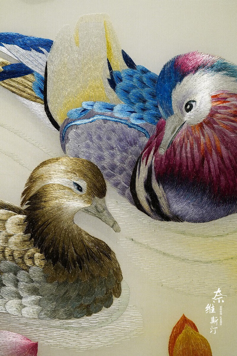 高档刺绣装饰画餐厅苏绣纯手工百年好合成品新中式荷花鸳鸯方形过道挂