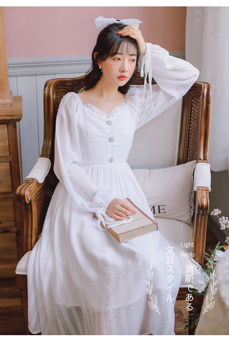 仪纤纯色蝴蝶结长袖法式连衣裙2020秋季新品少女风高腰减龄中长款a字