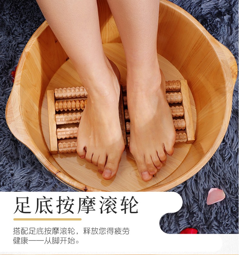 优勤家用泡脚桶木制足浴盆按摩养生足疗木桶柏木木盆洗脚桶带盖 双耳