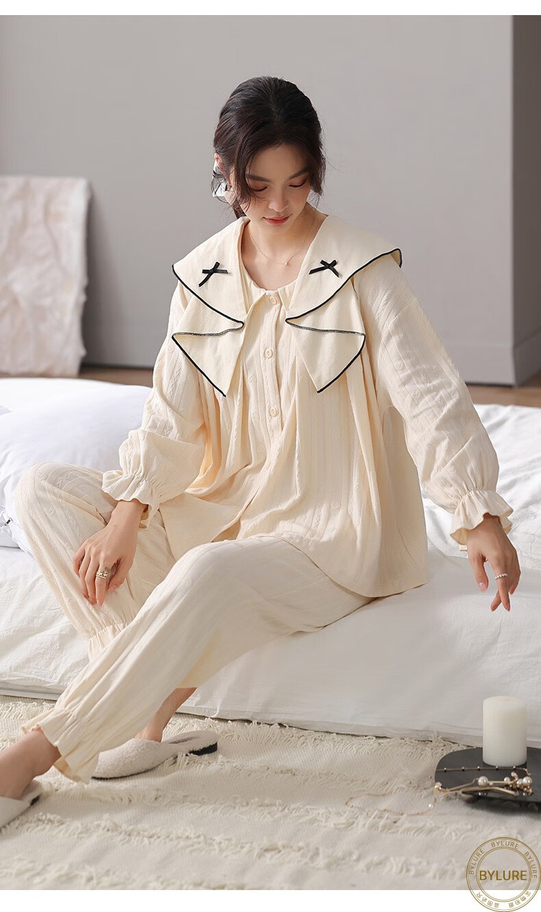 女士睡衣春秋季休闲长袖开衫纯色印花收口甜美可爱暗纹家居服款式三m