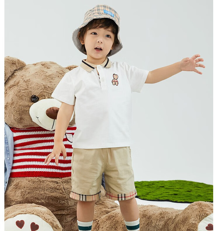 红蜻蜓童装男童套装儿童夏季短袖polot恤裤子两件套本白色90cm