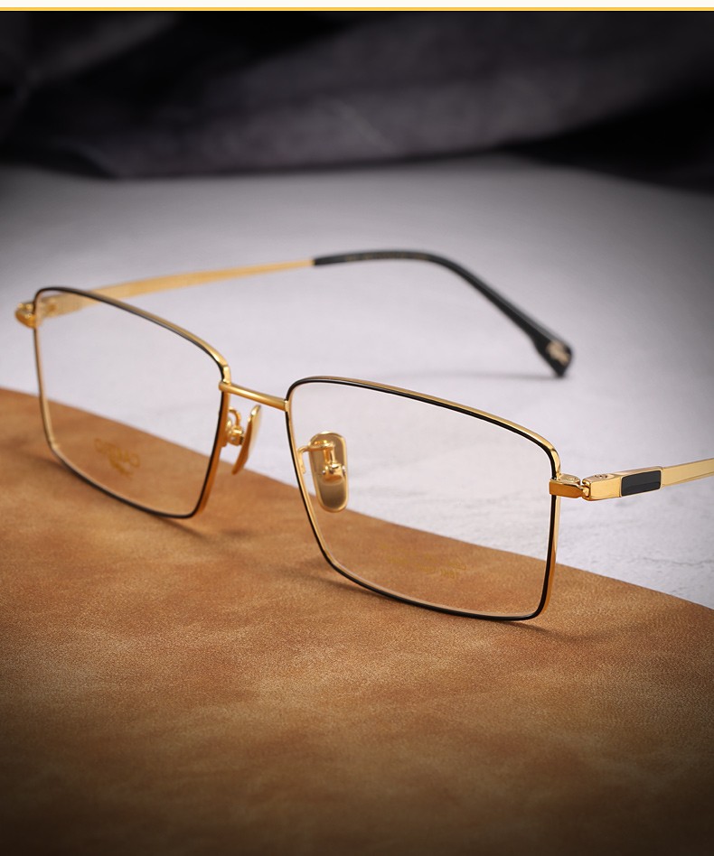 大脸18k金纯钛商务方框眼镜框男大码加宽显脸小可配近视眼镜 金色