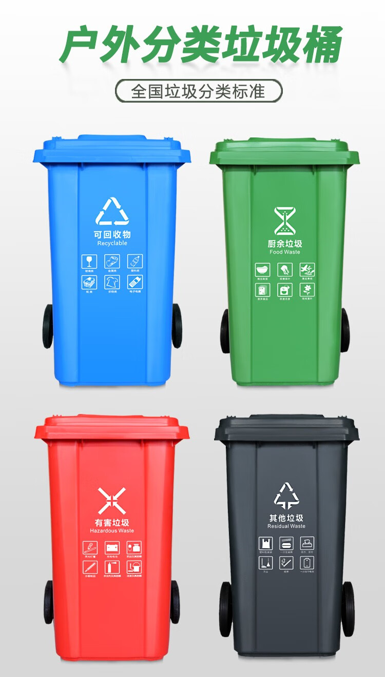 垃圾分类垃圾桶家用大号带盖商用厨房垃圾箱四色饭店餐饮可回收厨余