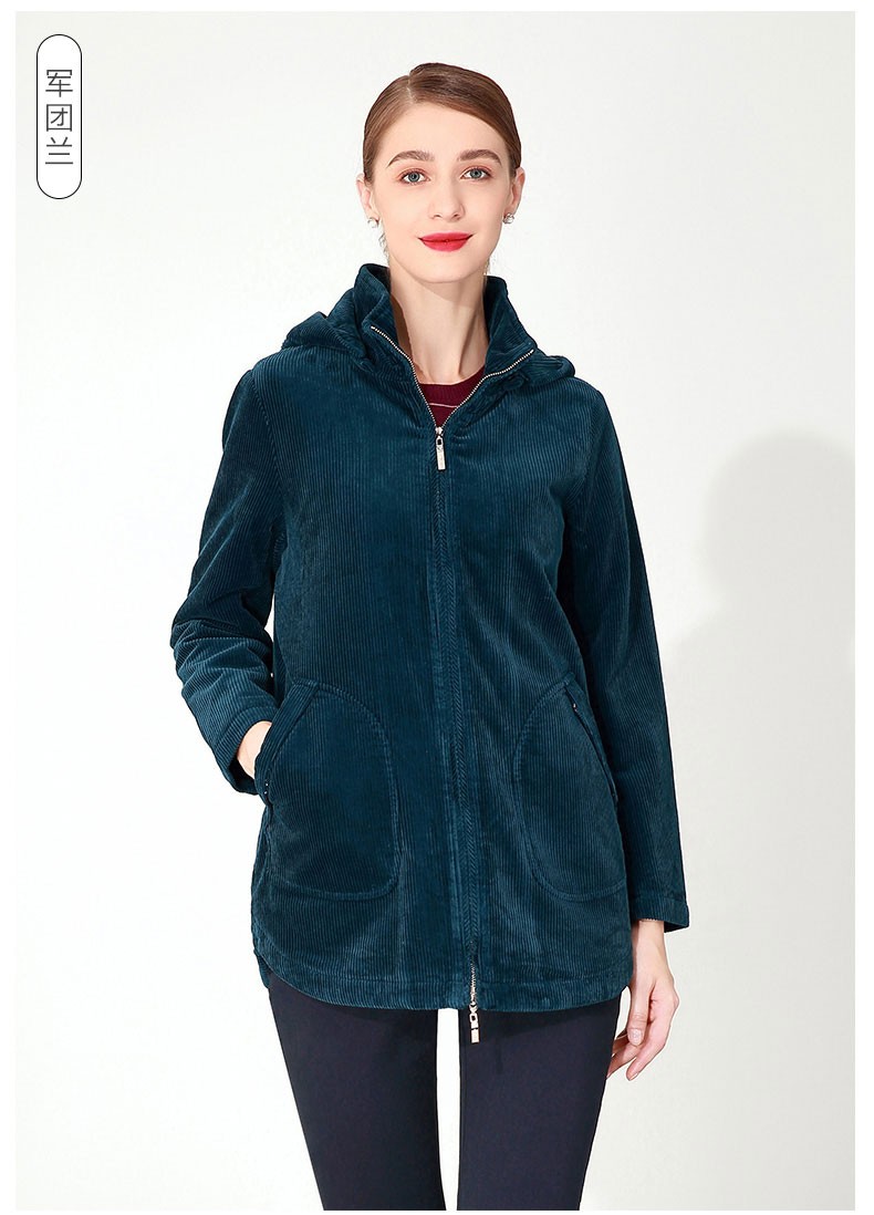 米兰登2021冬季新款中老年妈妈装加棉加厚连帽宽松灯芯绒外套女时尚