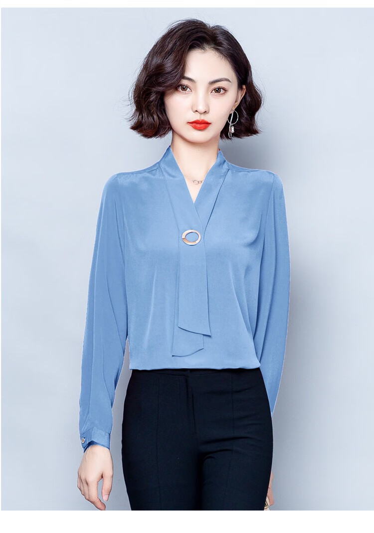 佳泽雨2020秋季新款飘带衬衫女套头v领气质时尚长袖上衣女 浅蓝色 l