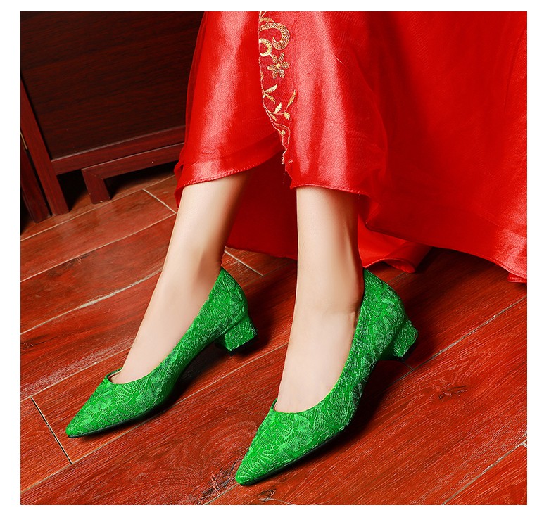 奈驷 绿鞋婚鞋女绿色中式结婚鞋子粗跟细跟新娘鞋孕妇低跟秀禾单鞋