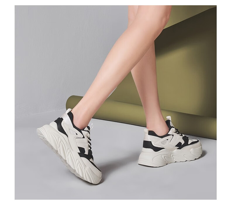 戈美其2022春款厚底老爹鞋女时尚百搭增高休闲运动鞋女鞋 白黑色 38