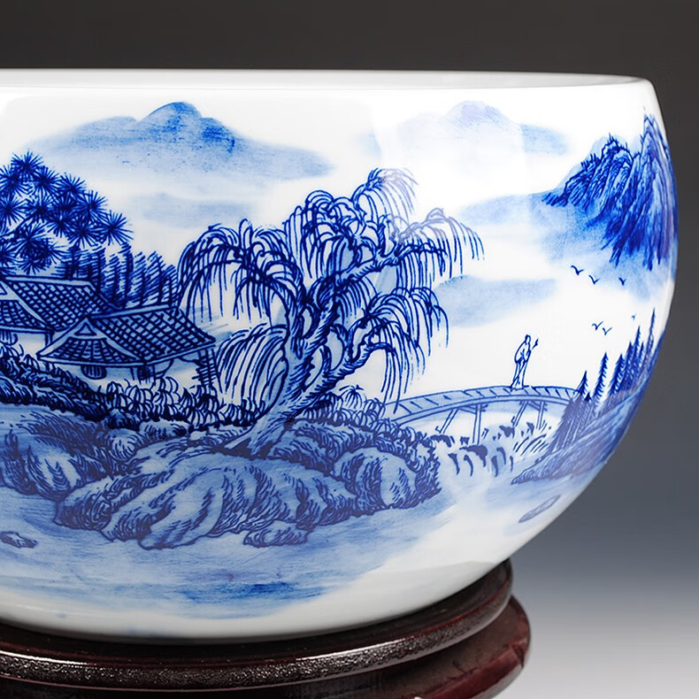 乾图公坊景德镇陶瓷器青花瓷手工山水画溪山访友金鱼缸乌龟碗莲盆水缸