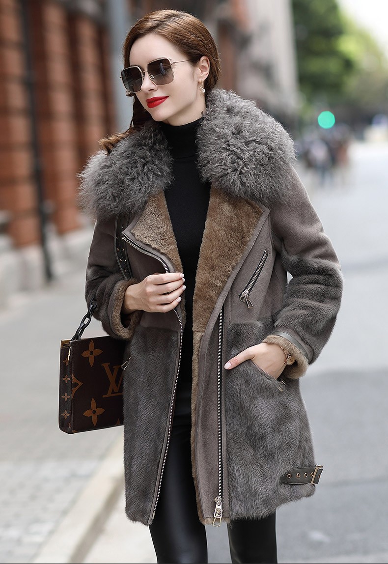 萨蒙路易羊皮毛一体皮草外套女2020年冬季潮流时尚潍羊毛领水貂毛大衣