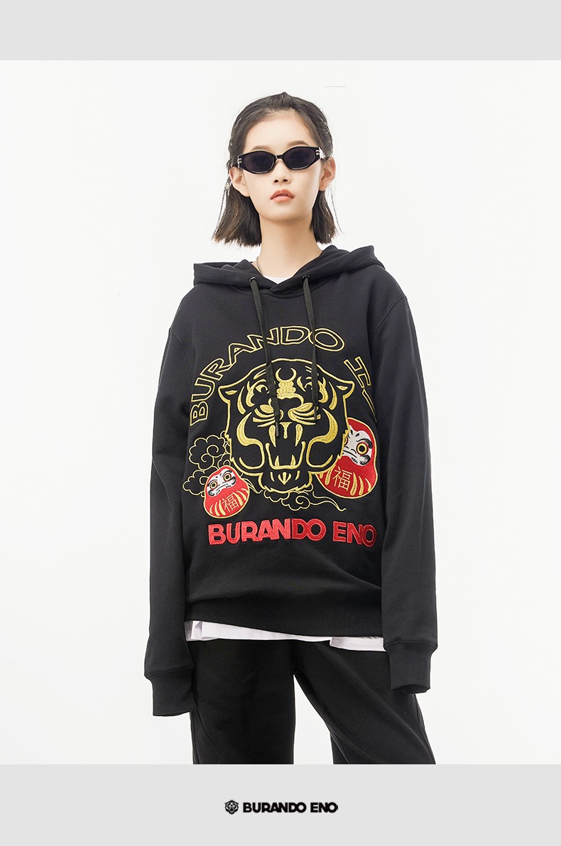 burandoeno潮牌虎头卫衣男女同款新款潮流时尚百搭虎头连帽卫衣本命年