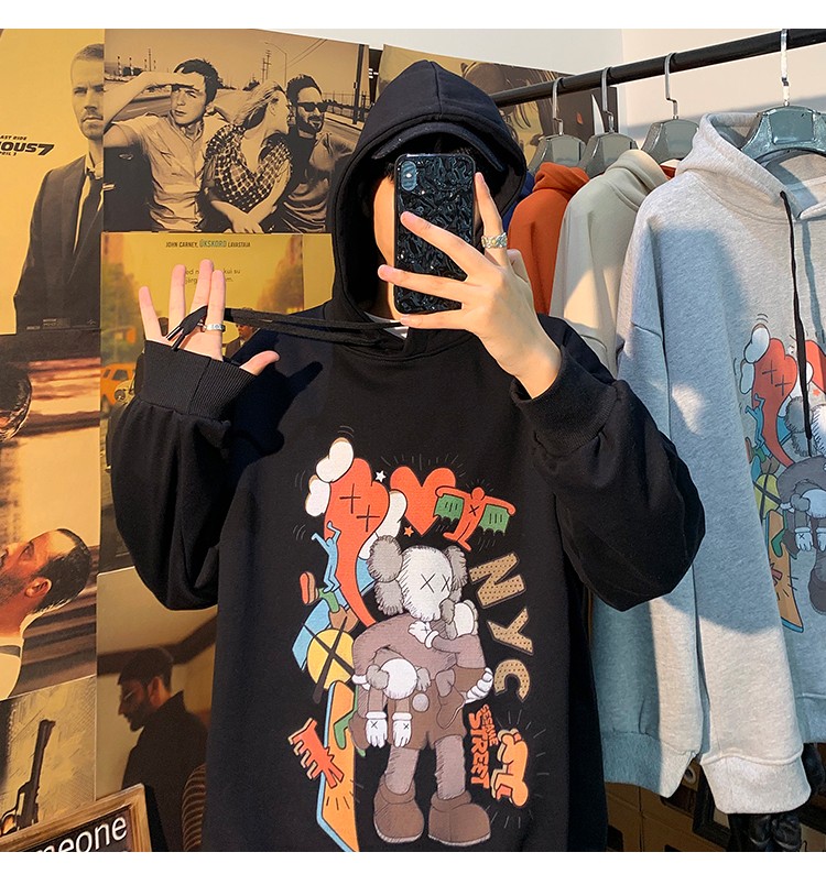 古莱登港风动漫芝麻街卫衣男潮流潮牌ins宽松帽衫情侣装秋装卡通印花
