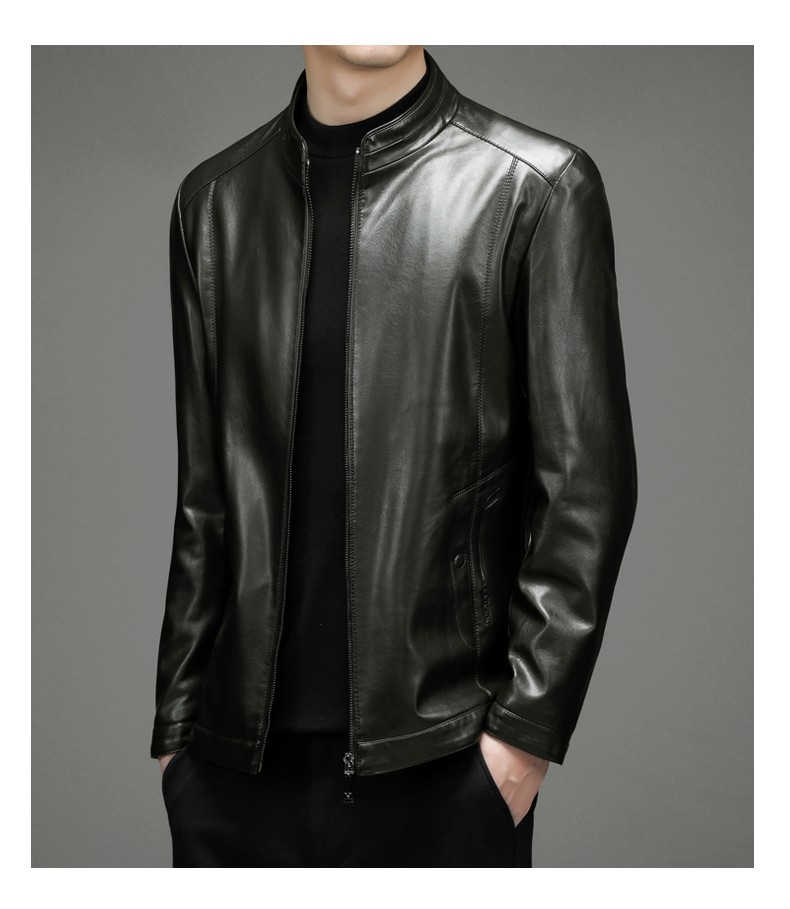 袋鼠皮衣男秋冬季中青年男士加绒立领皮外套纯色保暖皮夹克中年男装