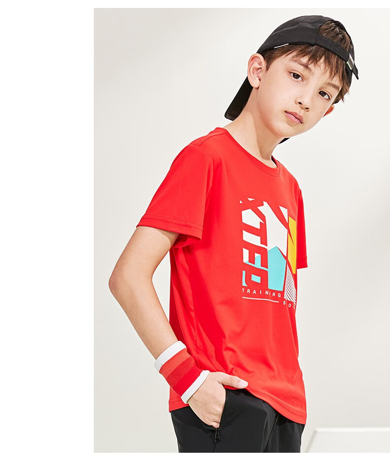 特步儿童2022年夏季新款运动休闲上衣t恤男童中大童t恤上衣五分袖珍珠