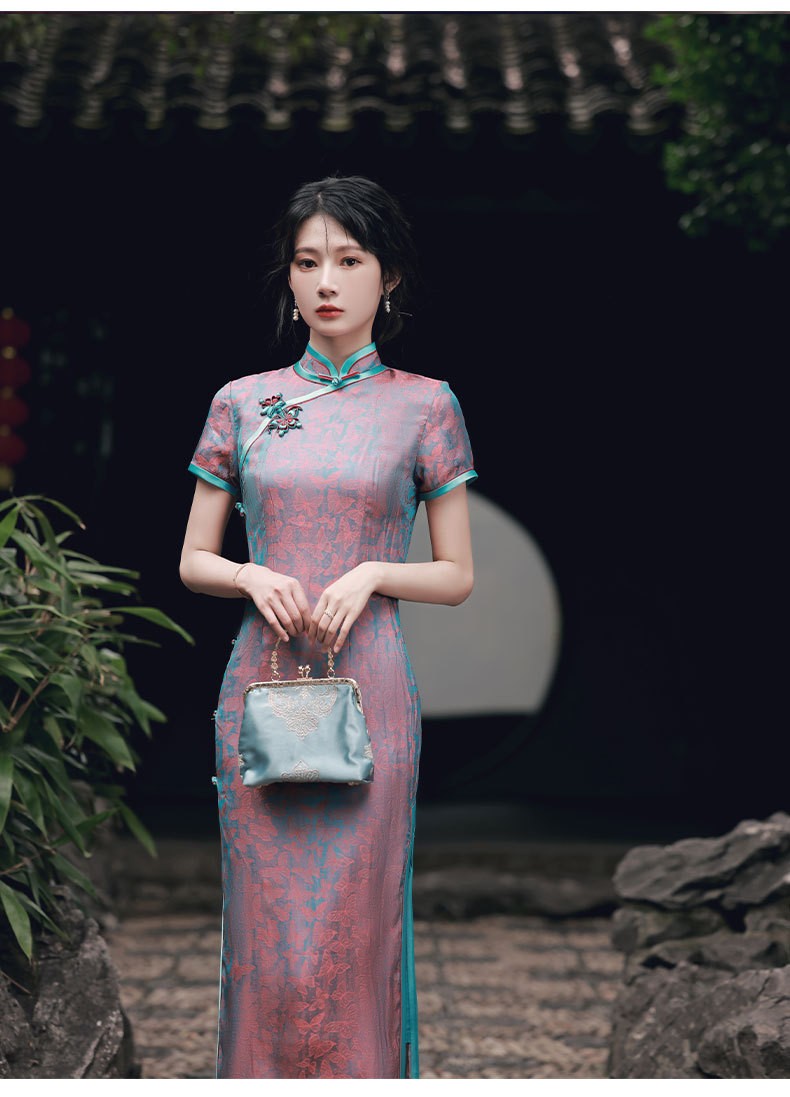 彪文旗袍民国老上海军阀太太旗袍裙复古长款妈妈婚宴婆婆礼服炫彩粉m