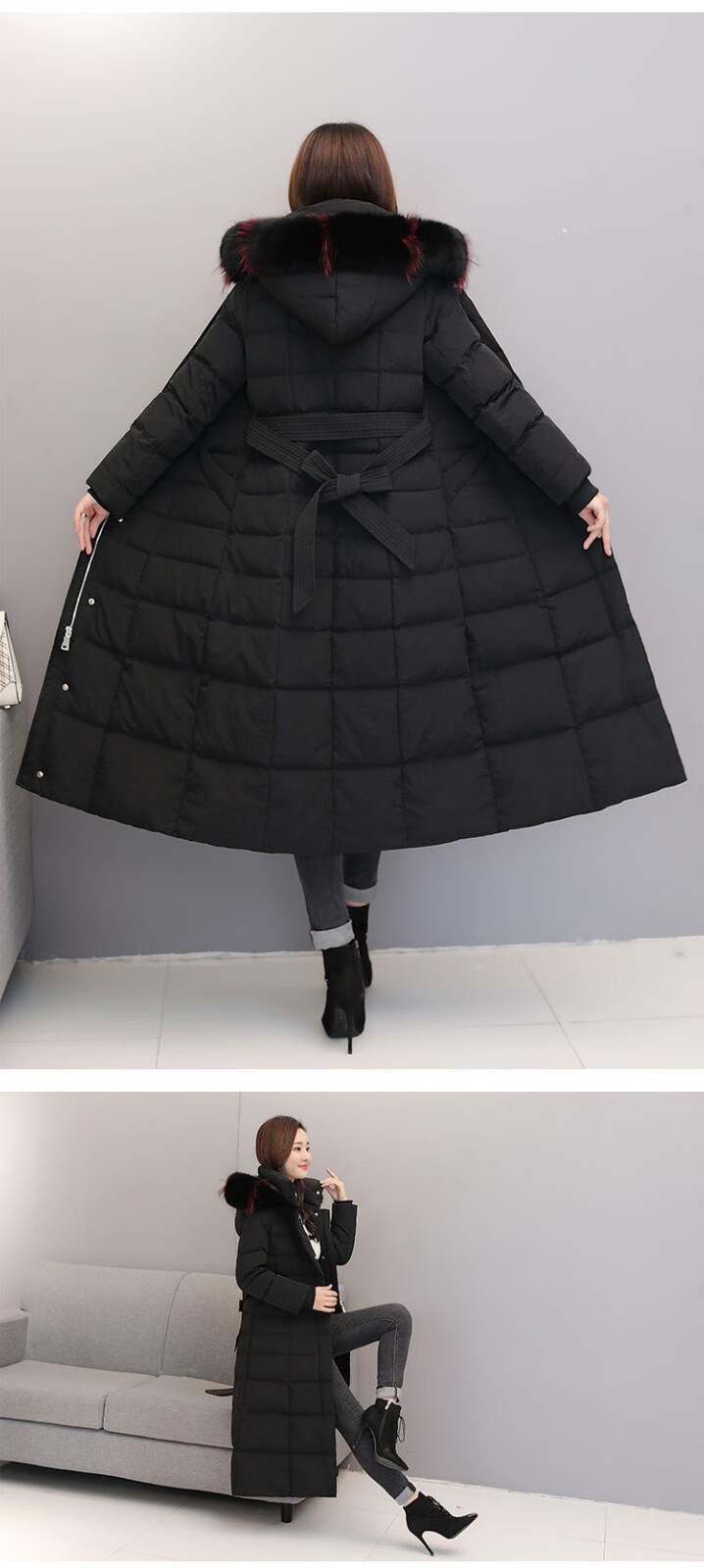 加长款长过膝超长款加厚女士连帽羽绒服秋冬新款韩版外套 黑色连帽