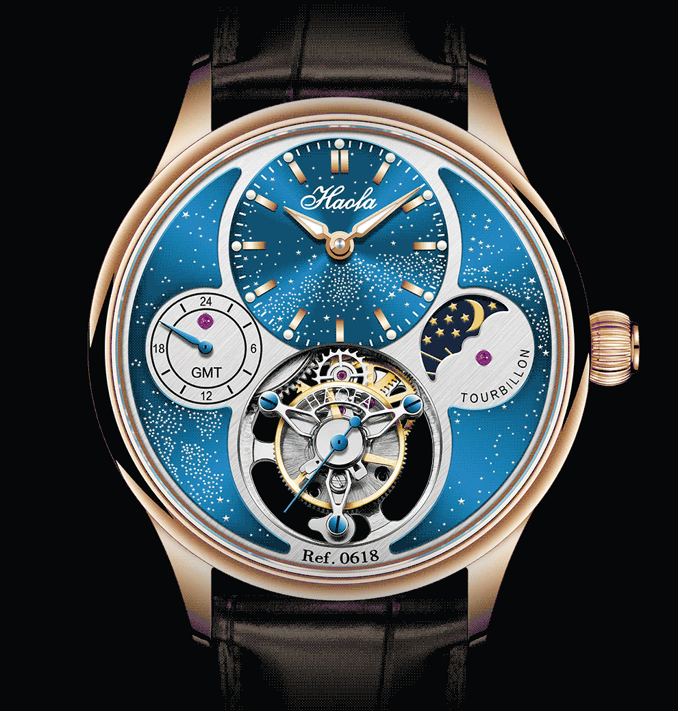 豪法haofa陀飞轮手表星辰多功能gmt镂空男表休闲商务防水机械表玫金蓝