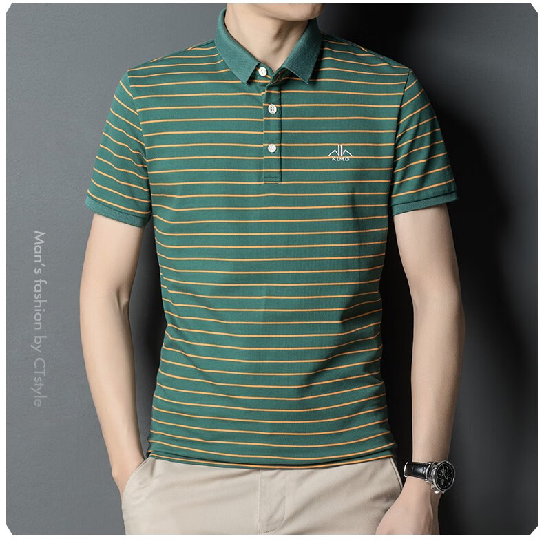 卡帝乐鳄鱼条纹短袖t恤男士夏季薄款纯棉翻领上衣服商务休闲短袖男装