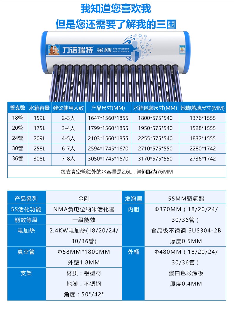 88912-力诺瑞特 金刚太阳能热水器家用 自动上水光电两用一级能效 纳米活水质保五年配智能仪表2400瓦电加热 24管_209升_4-5人( 送货入户+上门安装)-详情图