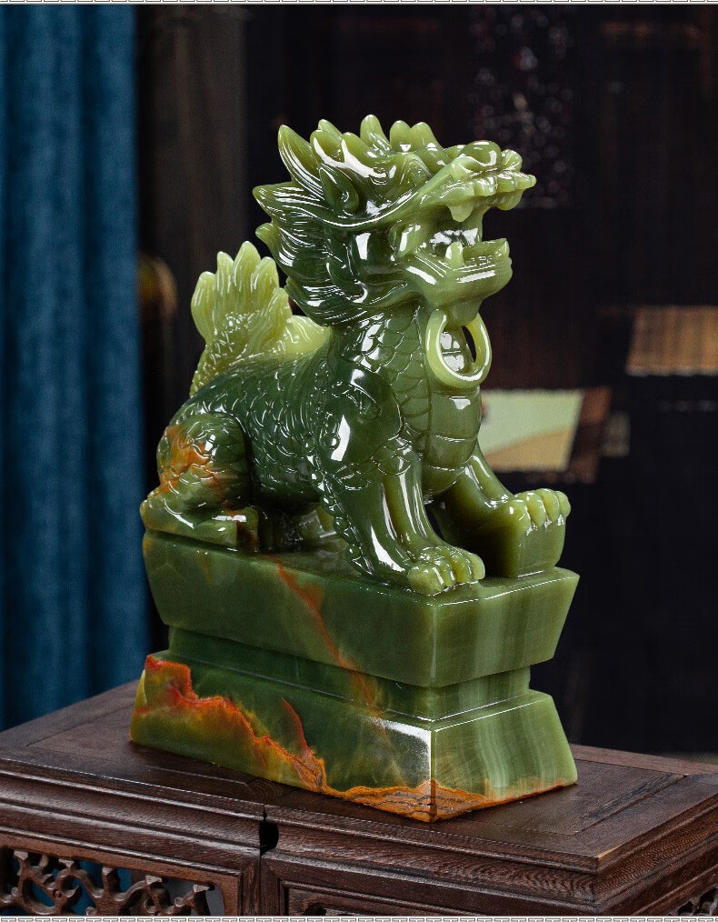 中千瑞天然玉石麒麟献瑞摆件中式客厅玄关老板经理办公室桌面装饰品