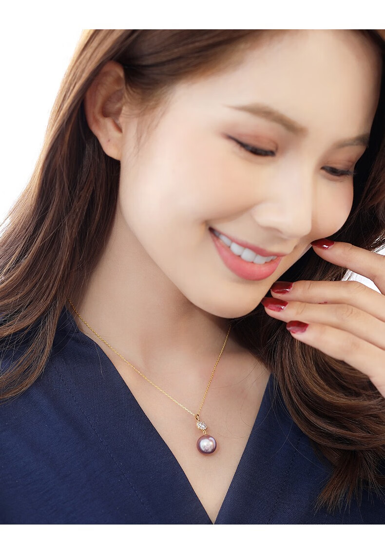 黛米珠宝妍心1213mm正圆紫色强光淡水珍珠吊坠g14k金项链1213mm