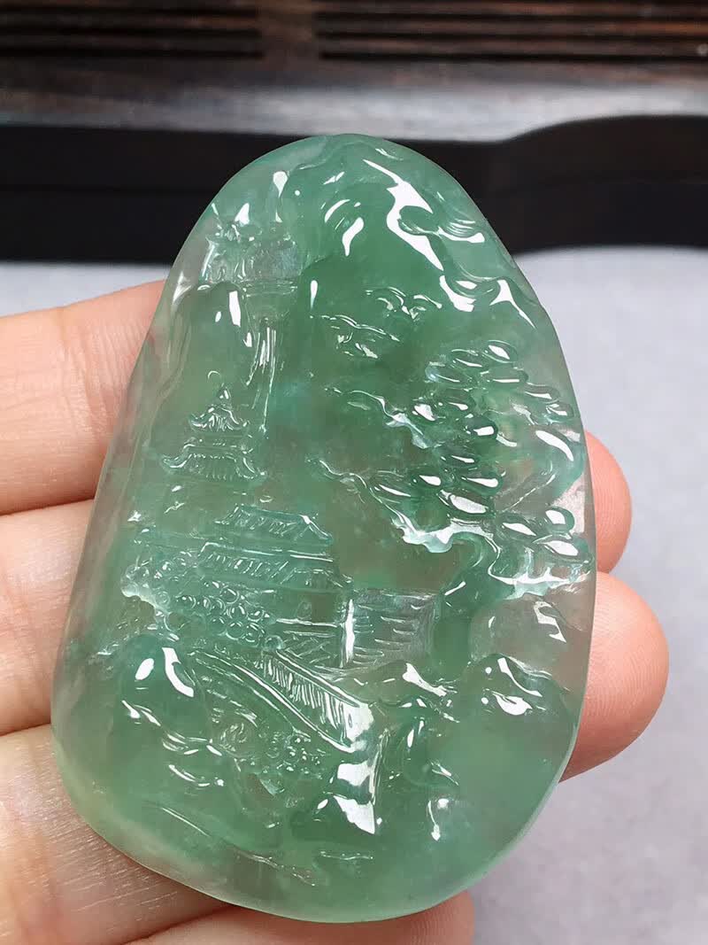 绿翠天成 翡翠晴底山水牌吊坠 冰种翡翠缅甸天然a货玉石平安玉坠男女