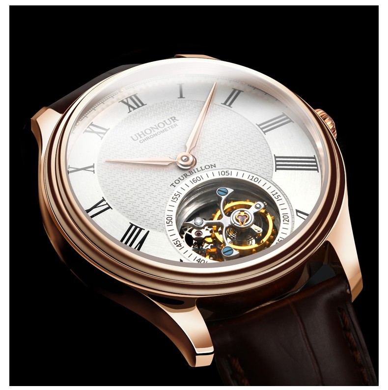 瑞士宇赫表uhonour真陀飞轮手表男表机械表男士腕表鳄鱼皮带蓝宝石
