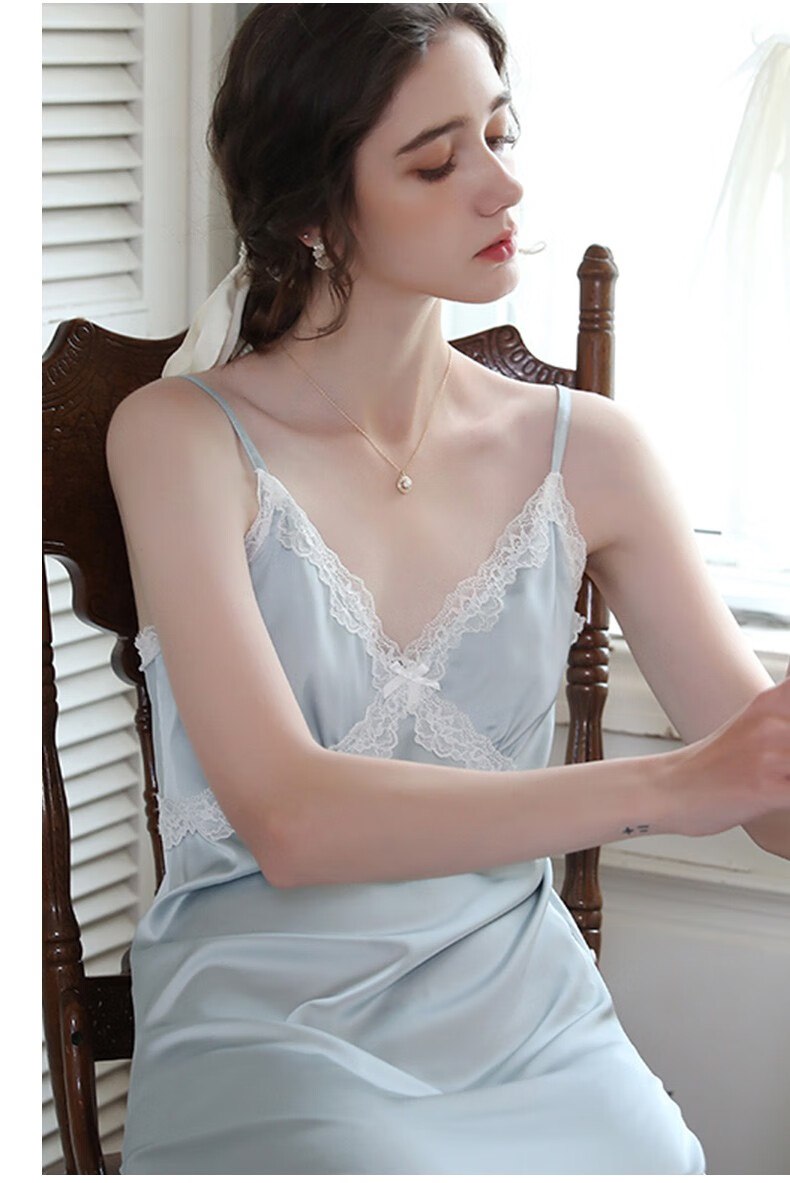 京苒法式吊带睡裙女性感蕾丝边冰丝长款过膝春夏薄款睡袍睡衣蓝色吊带