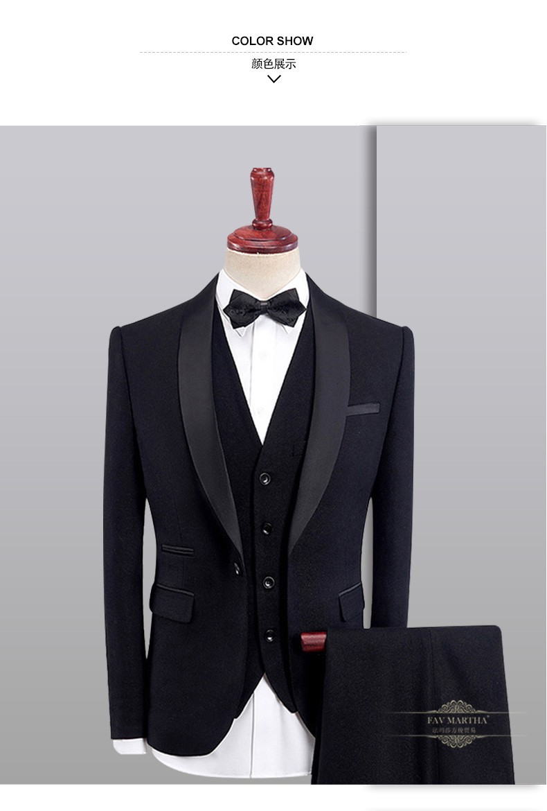法玛莎品牌新郎西服套装男士晚礼服青果领新郎结婚主持人宴会西装帅气