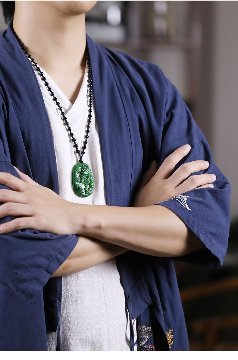 落花啼春和田玉吊坠男士玉佩霸气碧玉石龙牌挂件菠菜绿玉坠子