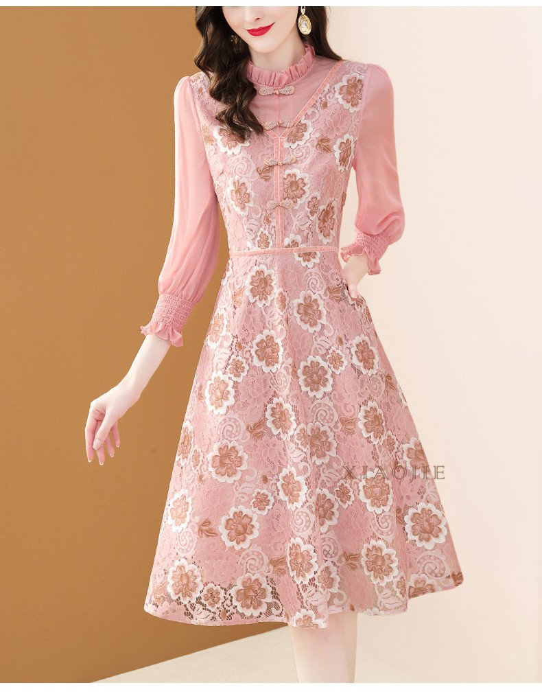 品牌女装优雅蕾丝连衣裙女春装2022年新款经典盘扣淑女显瘦a字裙粉色s