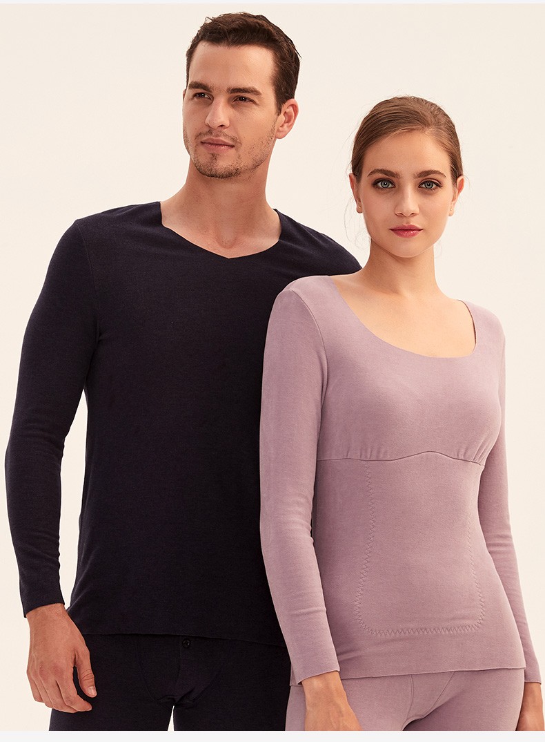 仕乐男女士无痕保暖内衣男修身打底双面磨毛绒薄款保暖衣套装虾粉女xl