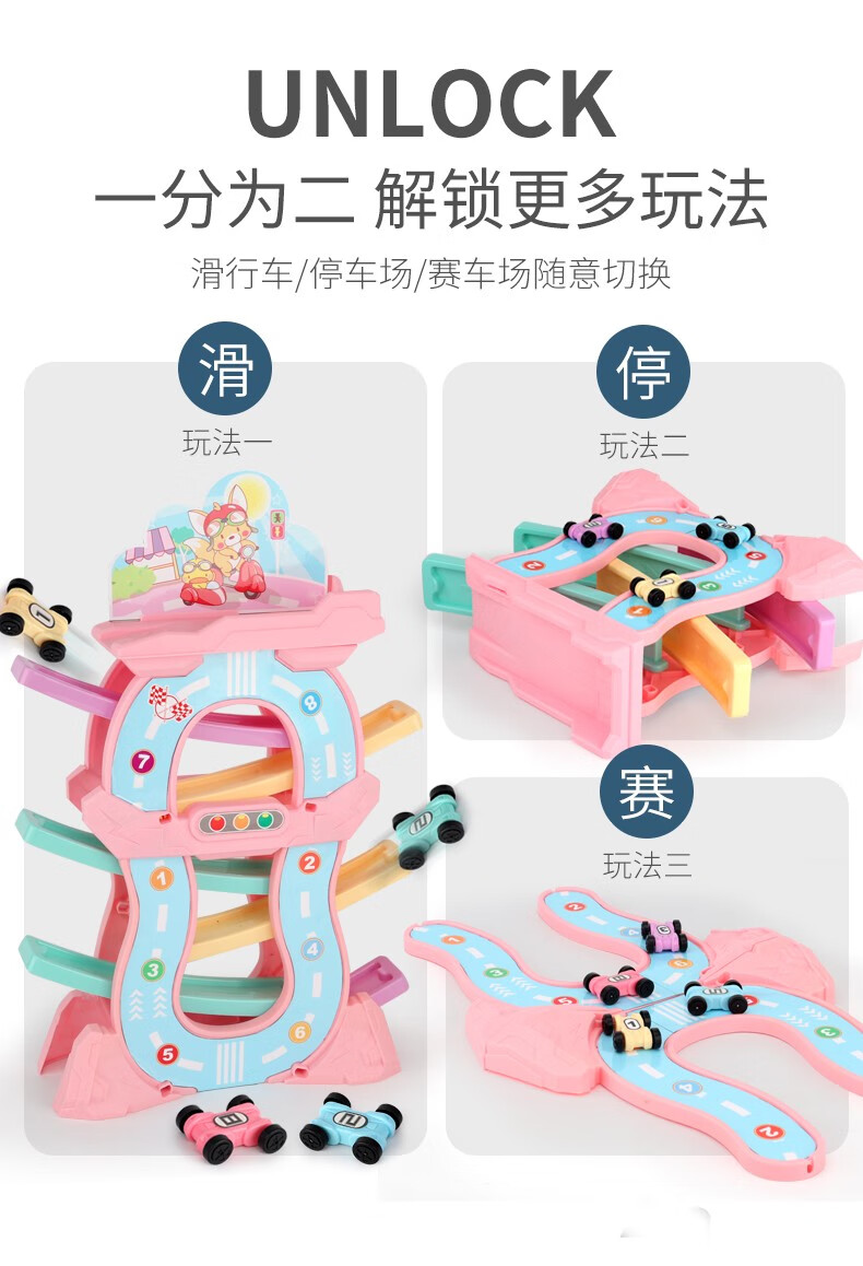37854-儿童滑翔轨道车小汽车益智玩具男孩3岁一至二女宝宝1-2-3-4周滑行 粉色初级版【4轨+4车】-详情图