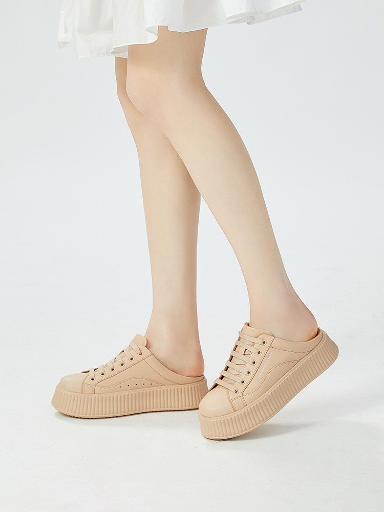 哥弟女鞋2022春季新款牛皮厚底饼干鞋后空休闲穆勒鞋拖鞋小白鞋女一脚