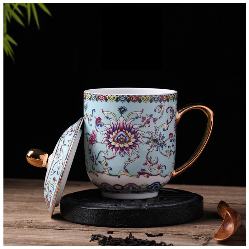 荣窑坊 景德镇珐琅彩茶杯 描金手柄家用泡茶水杯时尚送礼会议陶瓷办公