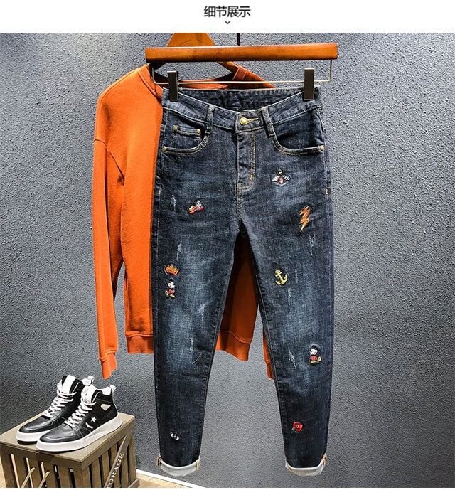 英爵绅 香港春秋季小蜜蜂刺绣牛仔裤男修身小脚潮牌韩版百搭休闲高端