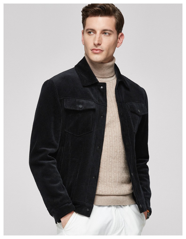 格诺品牌秋冬新品男装灯芯绒外套男加绒羊羔绒加厚条绒翻领夹克 黑色