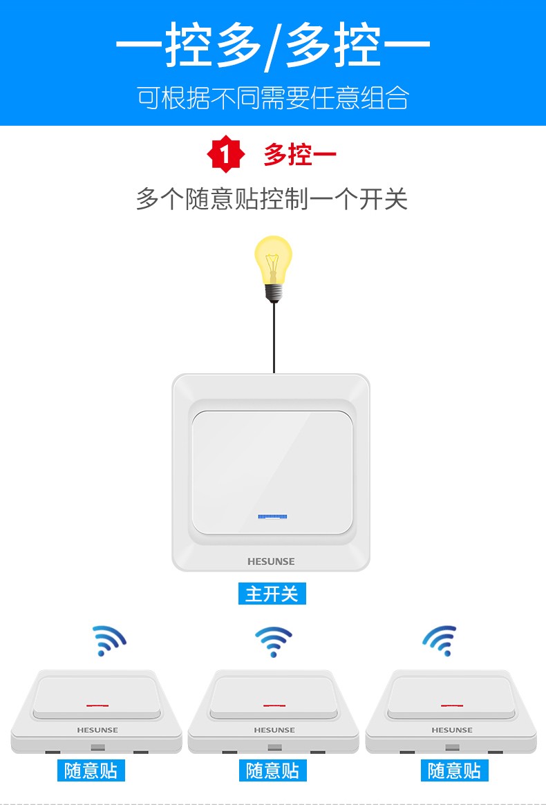 河森已对码智能无线遥控开关面板免布线开关220v电灯楼梯家用86型面板