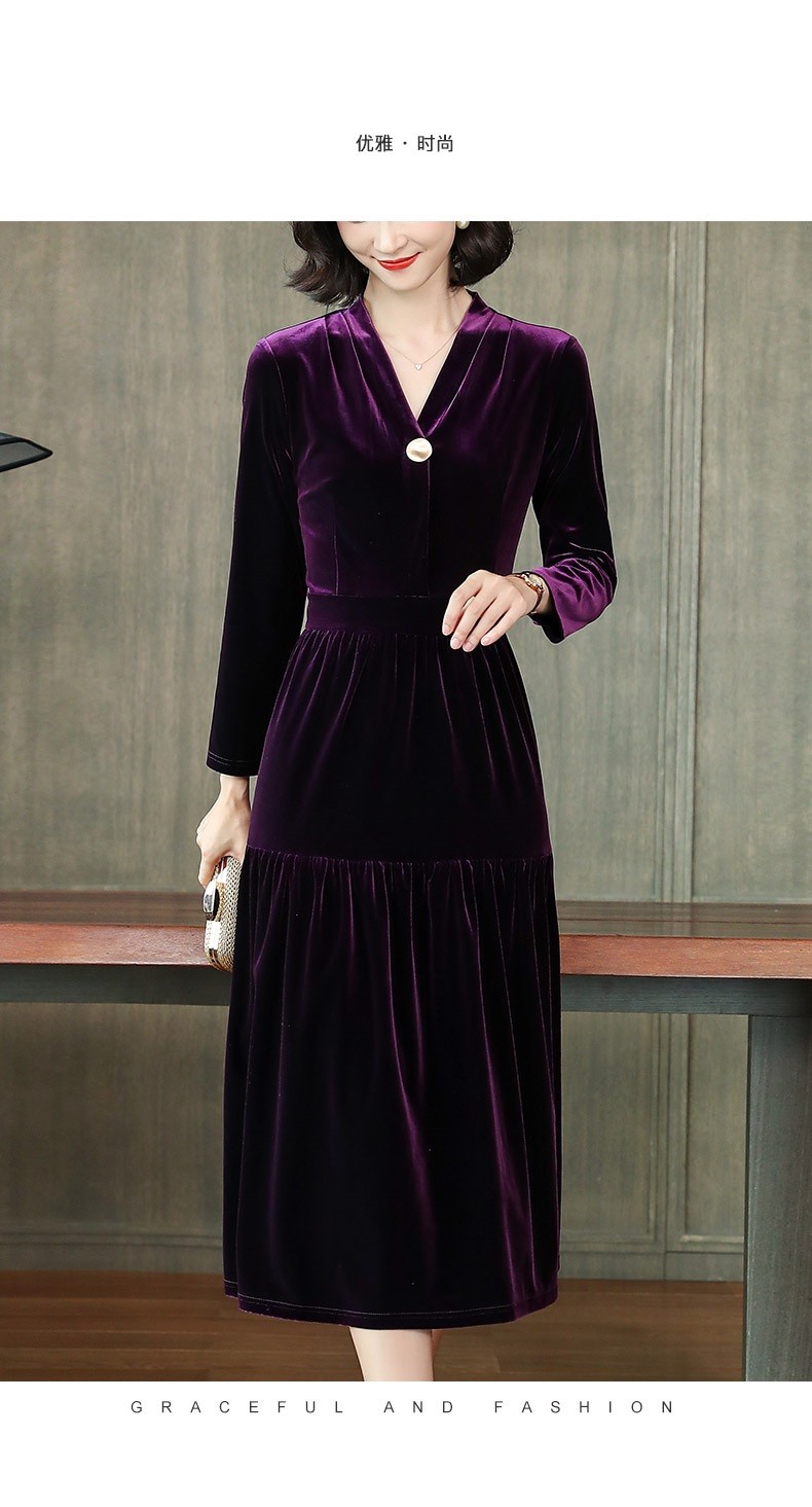 骆骐亚cmlziua品牌女装金丝绒连衣裙女秋季新款长袖高腰修身显瘦气质