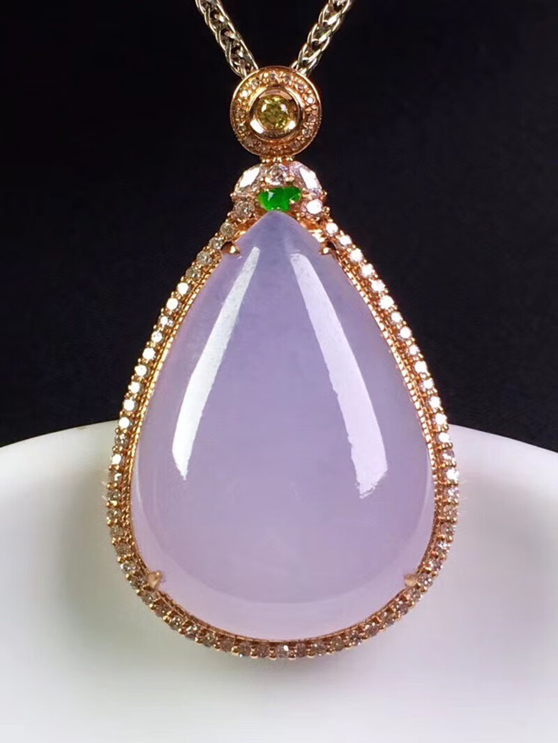 绿翠天成 翡翠冰紫水滴吊坠 冰种翡翠18k金镶钻缅甸天然a货玉石平安玉