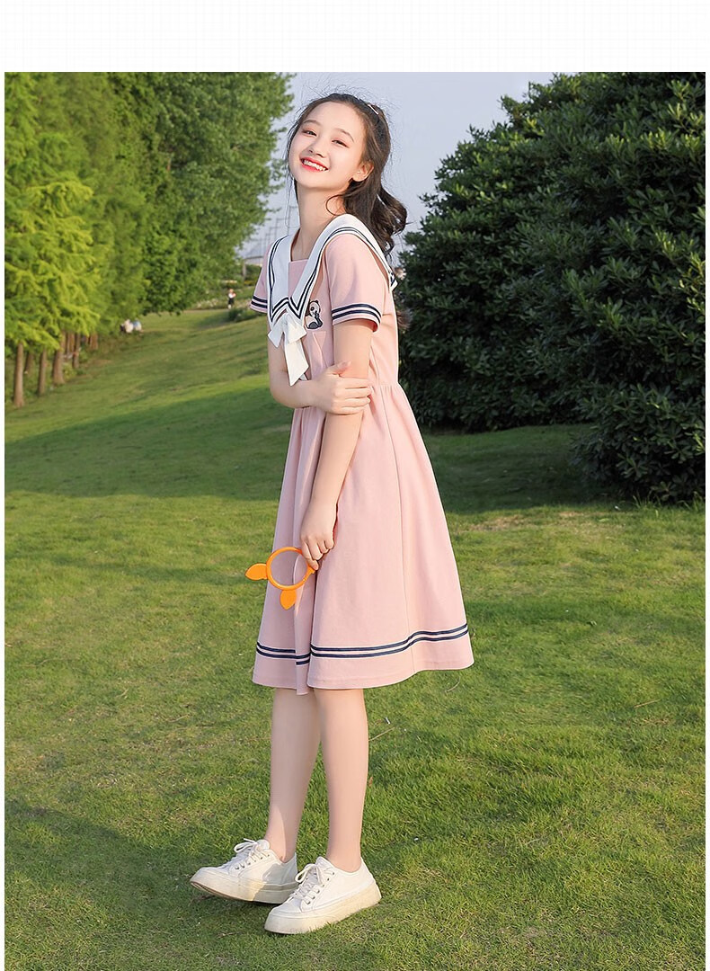 大童少女连衣裙女初中学生日系海军风裙子小学生夏装学院风裙子白色