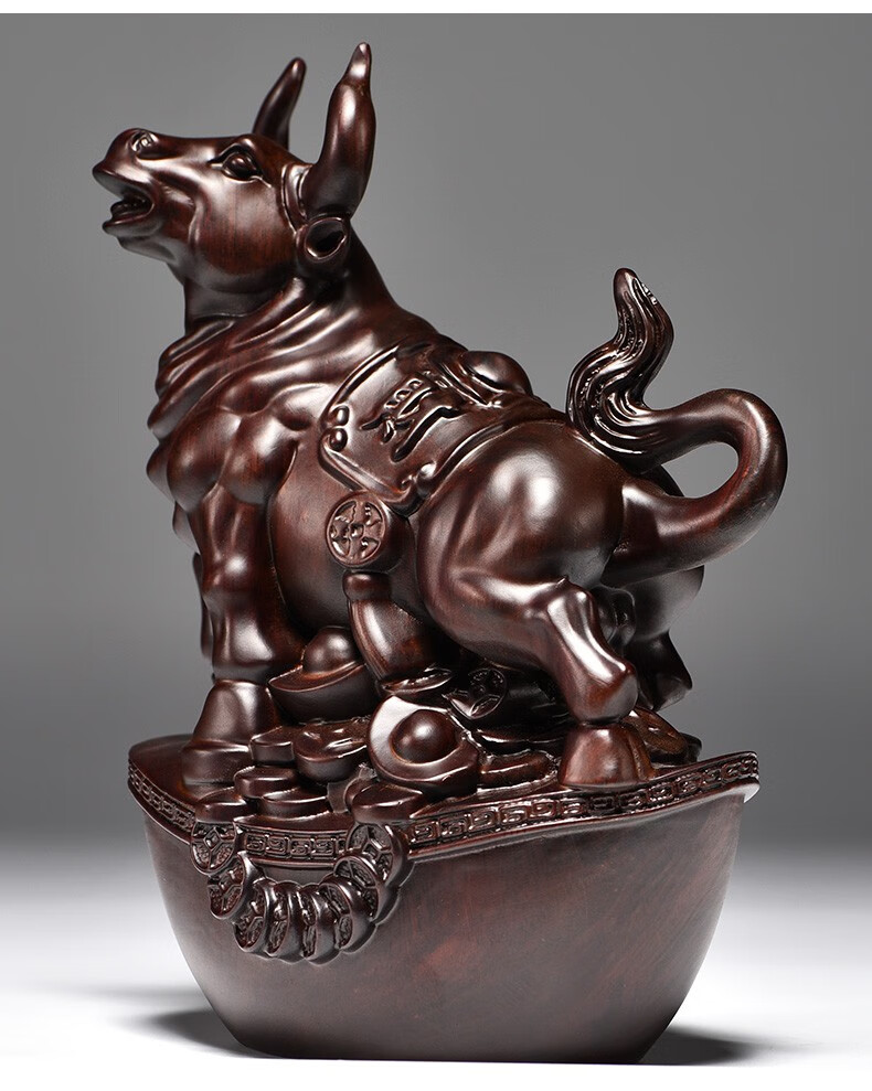 浣彩黑檀木雕摆件牛实木质雕刻动物生肖家居客厅装饰办公红木工艺礼品