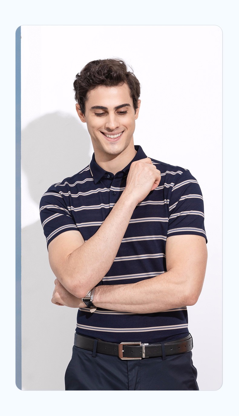 闪购浪登男装短袖t恤含桑蚕丝商务休闲翻领短t男士条纹体恤绿色16584s