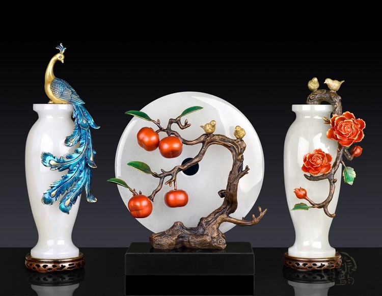 春墨辰韵铜孔雀摆件现代家居客厅装饰吉祥平安玉石花瓶摆设铜艺术品